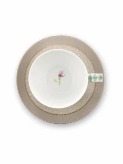 Mukit & Kupit & Asetit|PIP Studio Blushing Birds -cappuccinokuppi 280 ml ja lautanen KHAKI