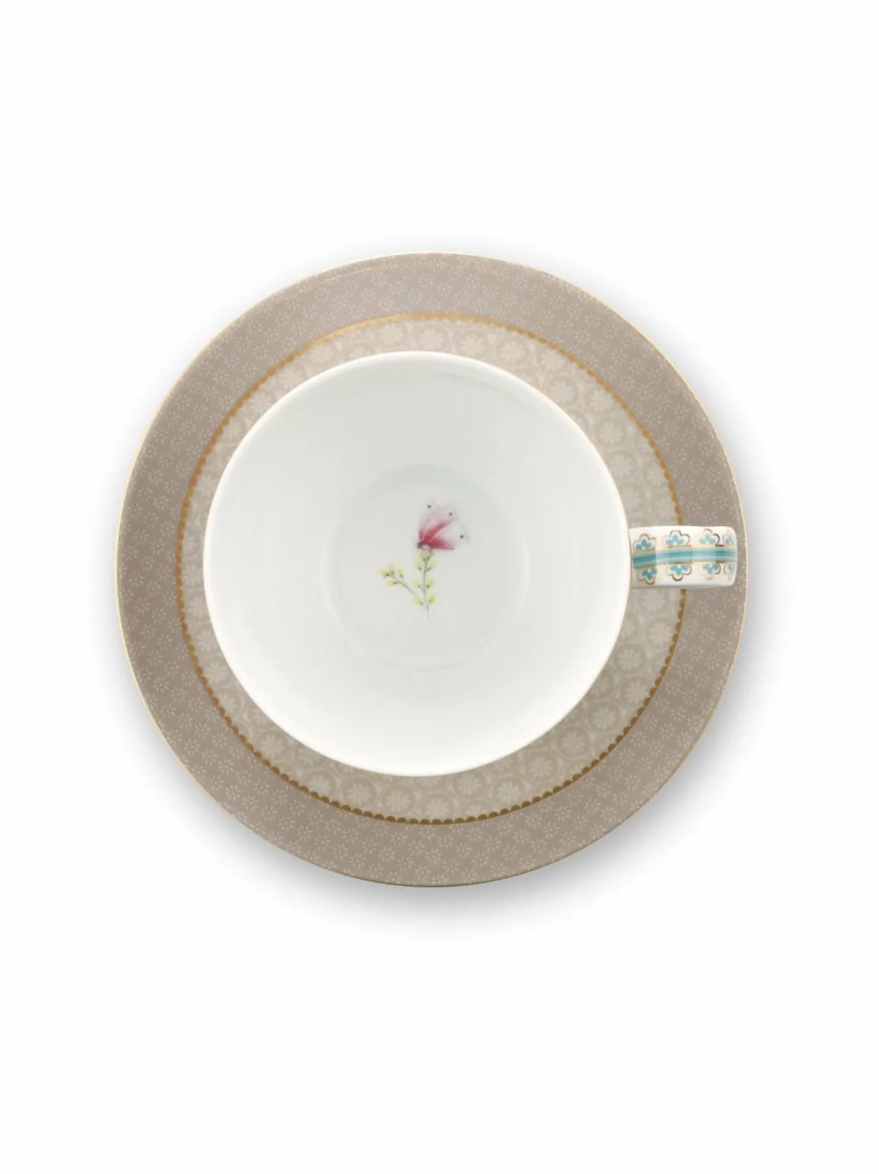 Mukit & Kupit & Asetit|PIP Studio Blushing Birds -cappuccinokuppi 280 ml ja lautanen KHAKI