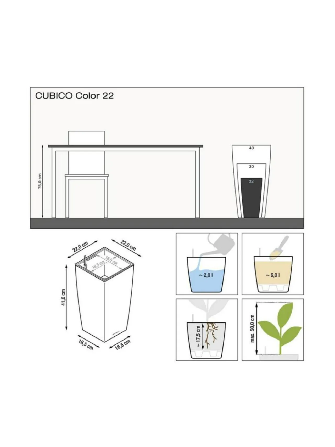 Ruukut & Istutusastiat|Lechuza CUBICO Color 22 Hiekka altakasteluruukku ∅22x22cm korkeus 41cm HIEKKA MATTAPINTA