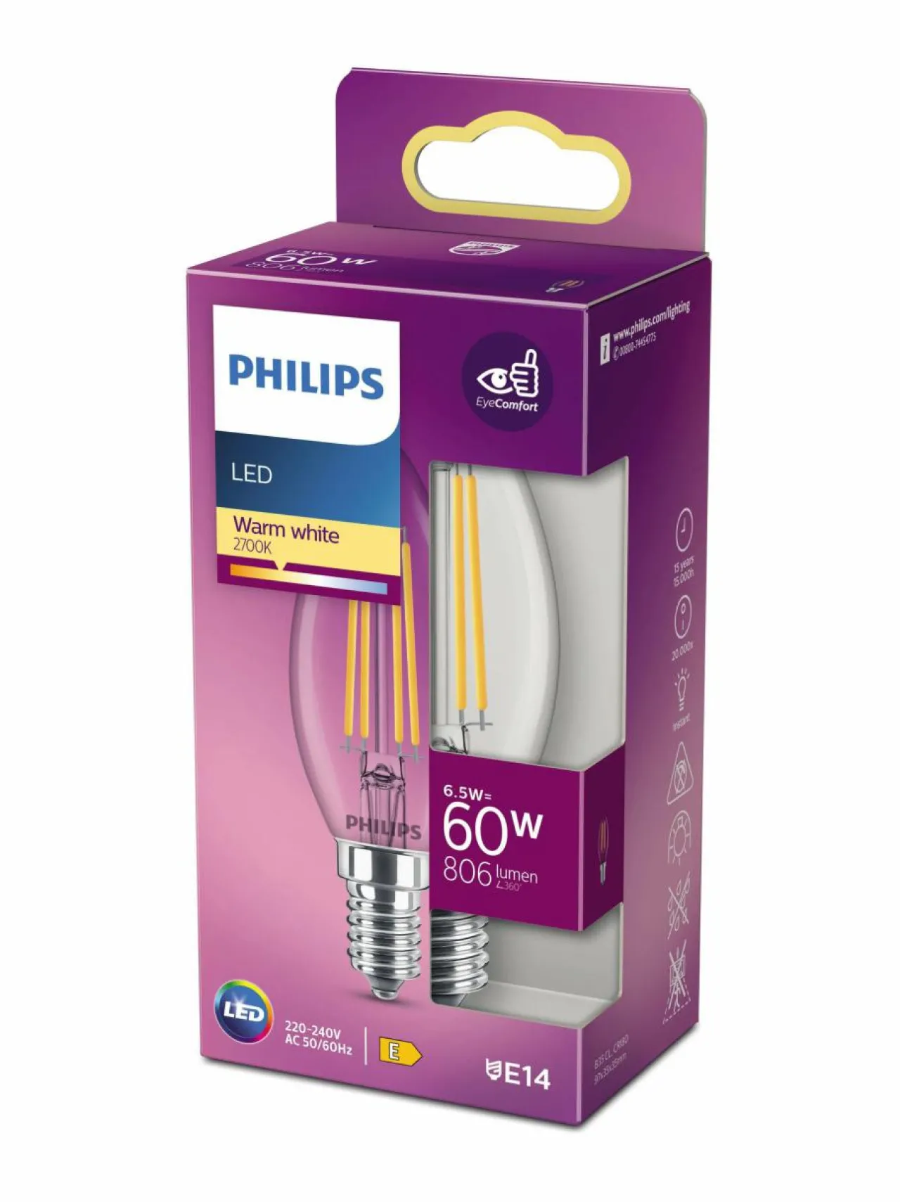 Lamput|Philips LED Candle 60W E14 Warm -kynttilälamppu WHITE