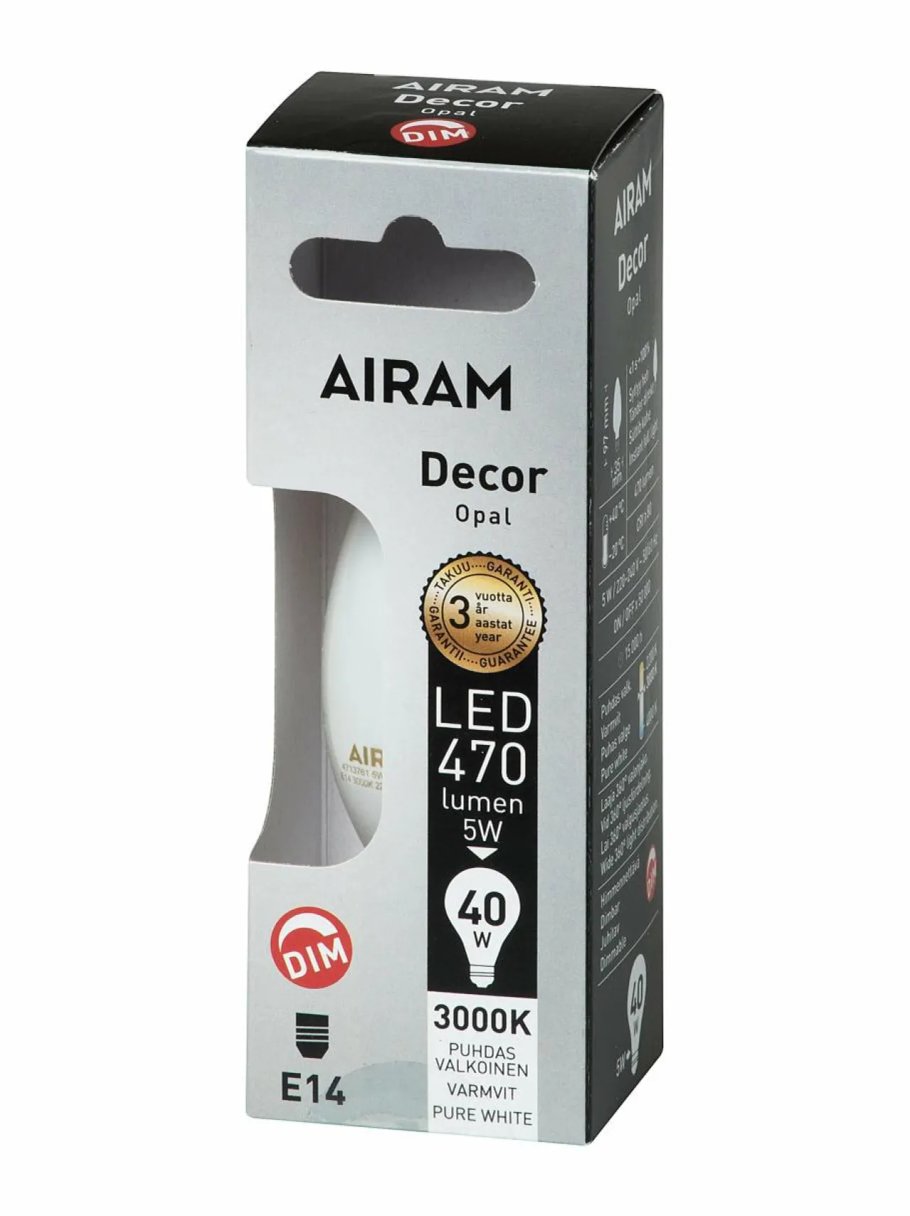 Lamput|Airam LED Decor Candle Opal 5W E14 DIM -lamppu VALKOINEN