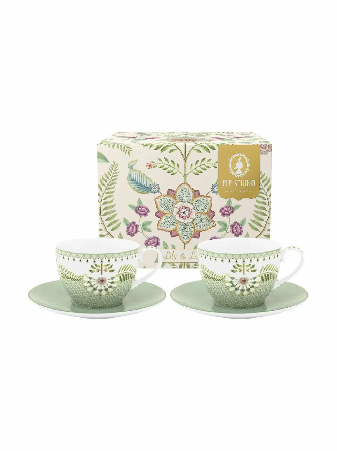 Mukit & Kupit & Asetit|PIP Studio Lily & Lotus- kahvikuppi ja lautanen, 2 kpl LIGHT GREEN