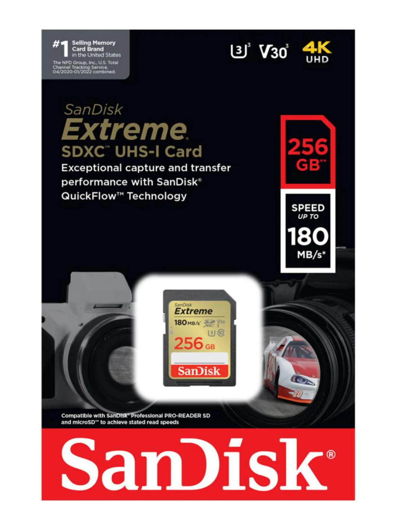 Kamerat|Sandisk Extreme 256GB SDXC (180MB/s) UHS-I (U3 / V30) muistikortti